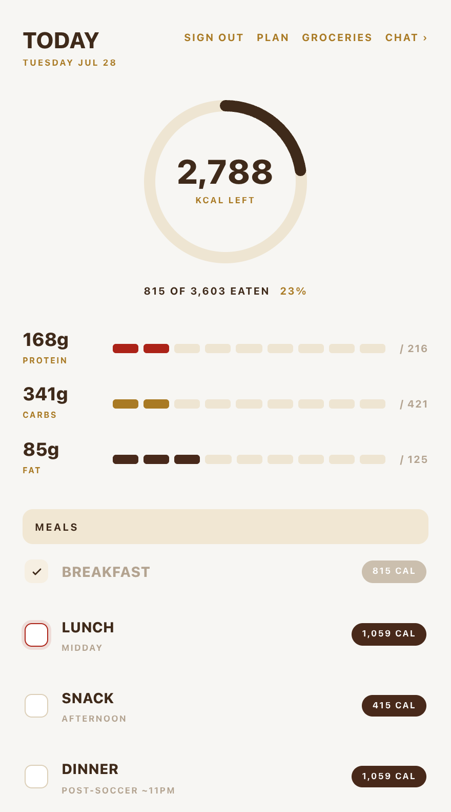 The Today screen on a phone: calorie ring with remaining kcal, segmented macro bars, a meal checklist with one meal checked