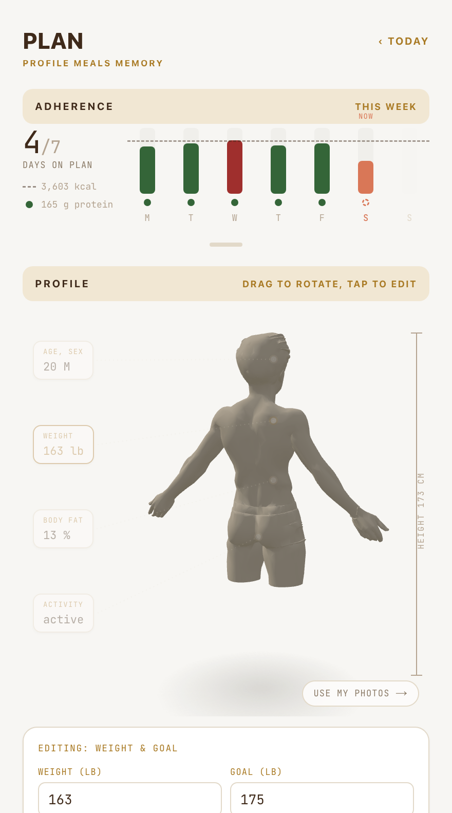 The Plan screen: a 3D figure mid drag-rotate, with a weekly adherence strip and weight trend chart below