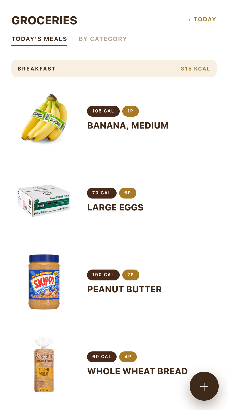 The Groceries screen on white: product photo rows, kcal and protein pills, shelf bands grouping items by meal